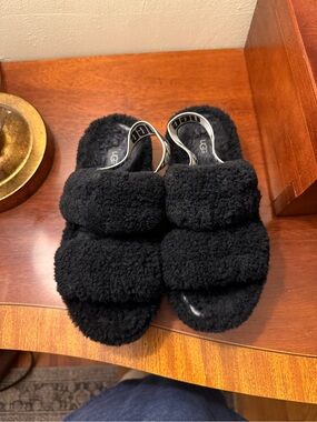 UGG Black Plush Double-Strap Slide Slippers